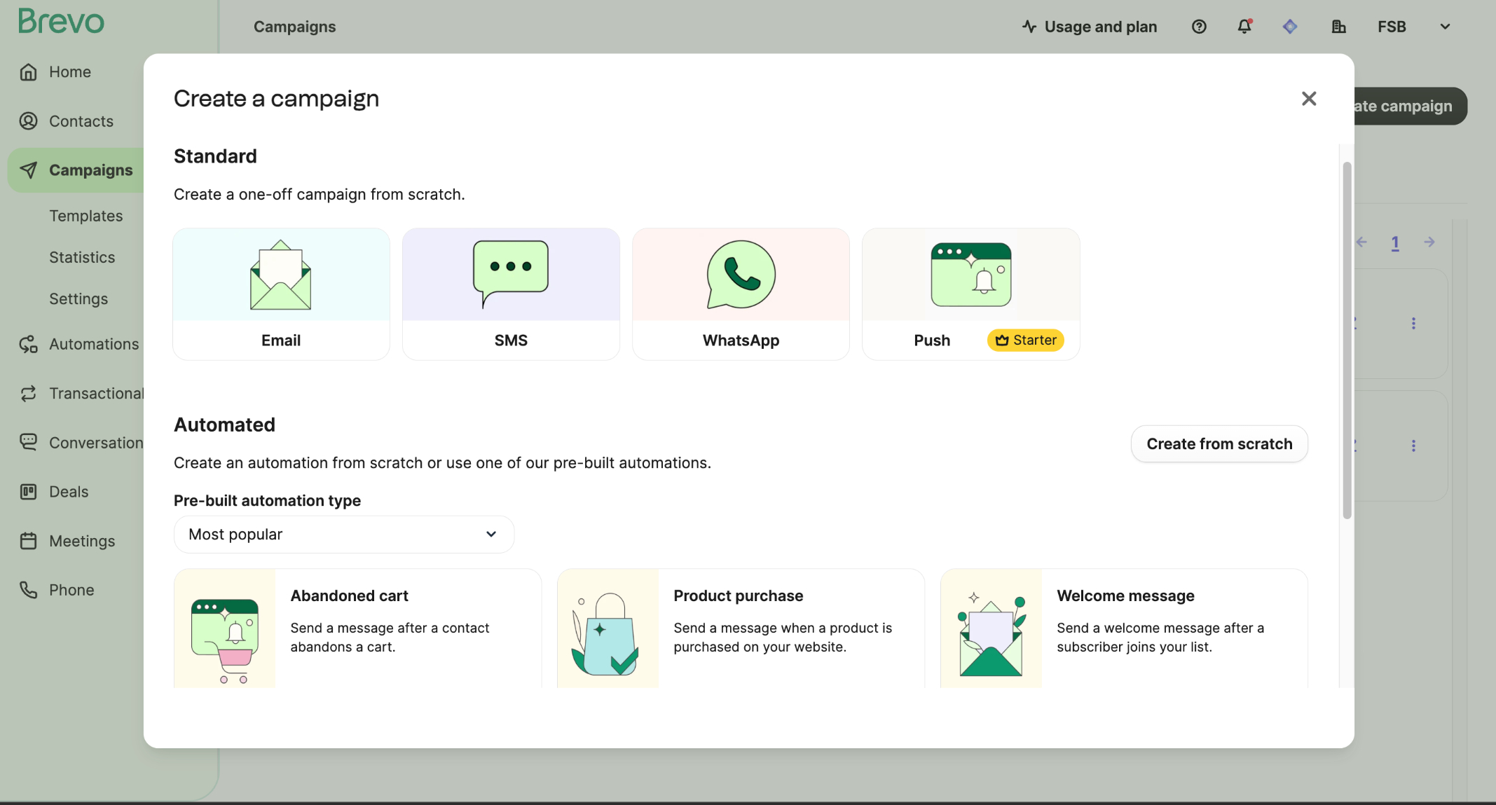 Brevo's campaign builder for email, SMS, Whatsapp, and push notifications.