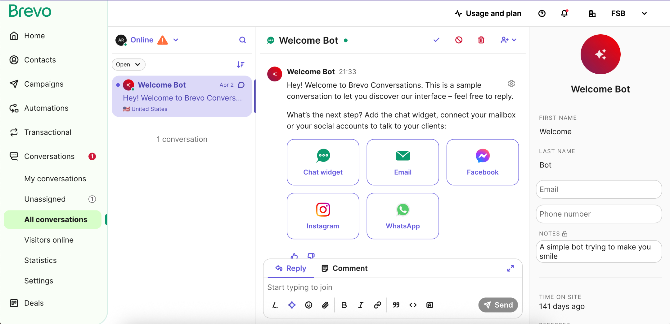 Brevo's unified inbox for responding to email and SMS messages.