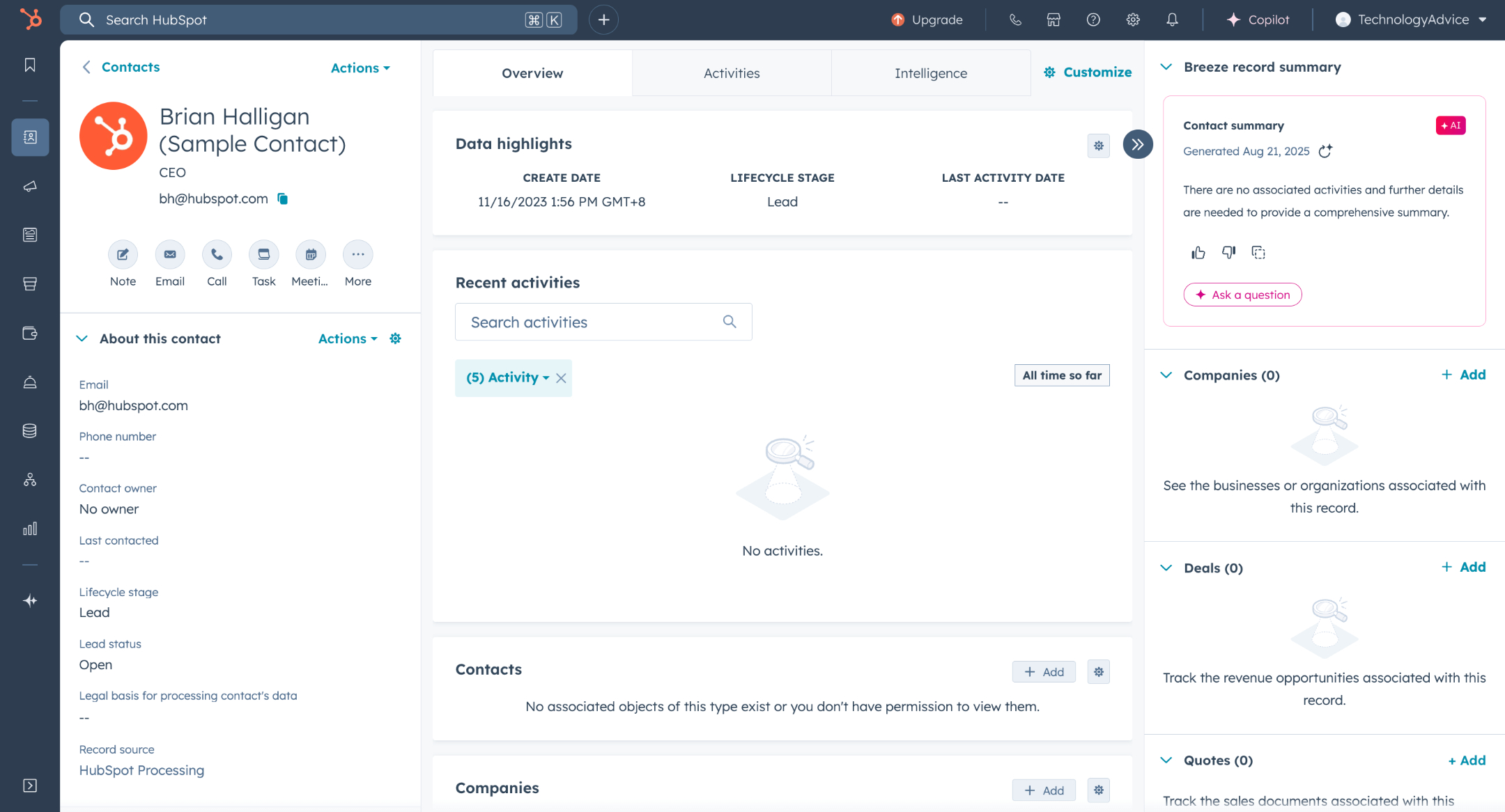 HubSpot's CRM with information about leads' contact details and recent activity.