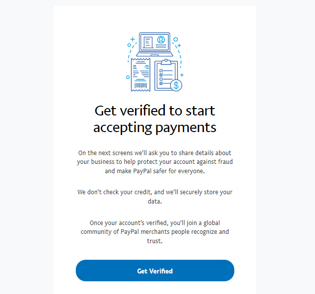 PayPal onboarding screen prompting “Get verified to start accepting payments,” with explanatory text and a blue “Get Verified” button.