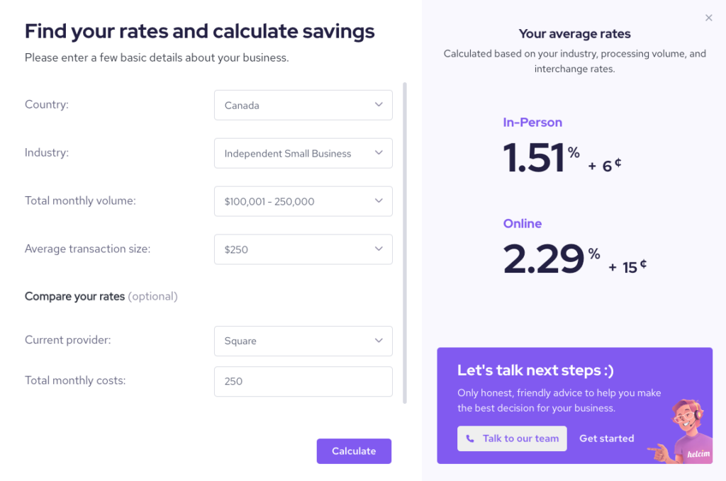 Helcim rate calculator with business inputs and results: 1.51% in-person, 2.29% online.