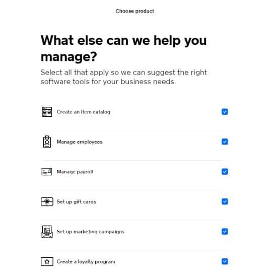 Setup prompt: “What else can we help you manage?” with a list of optional services.