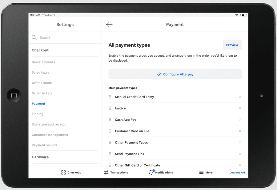 Square POS payment settings showing Configure Afterpay and multiple payment method options.