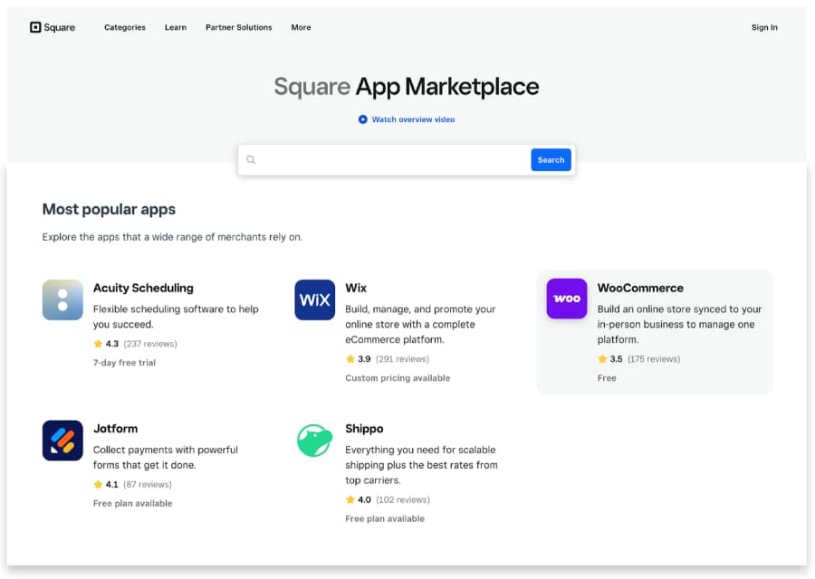 Square App Marketplace with search and popular apps: Acuity, Wix, WooCommerce, Jotform, Shippo.
