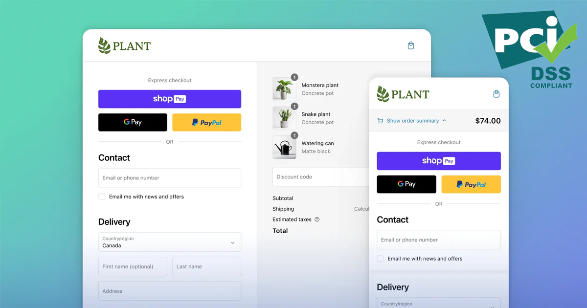 Checkout screens for “PLANT” with express options Shop Pay, Google Pay, PayPal; PCI DSS badge; mobile total $74.