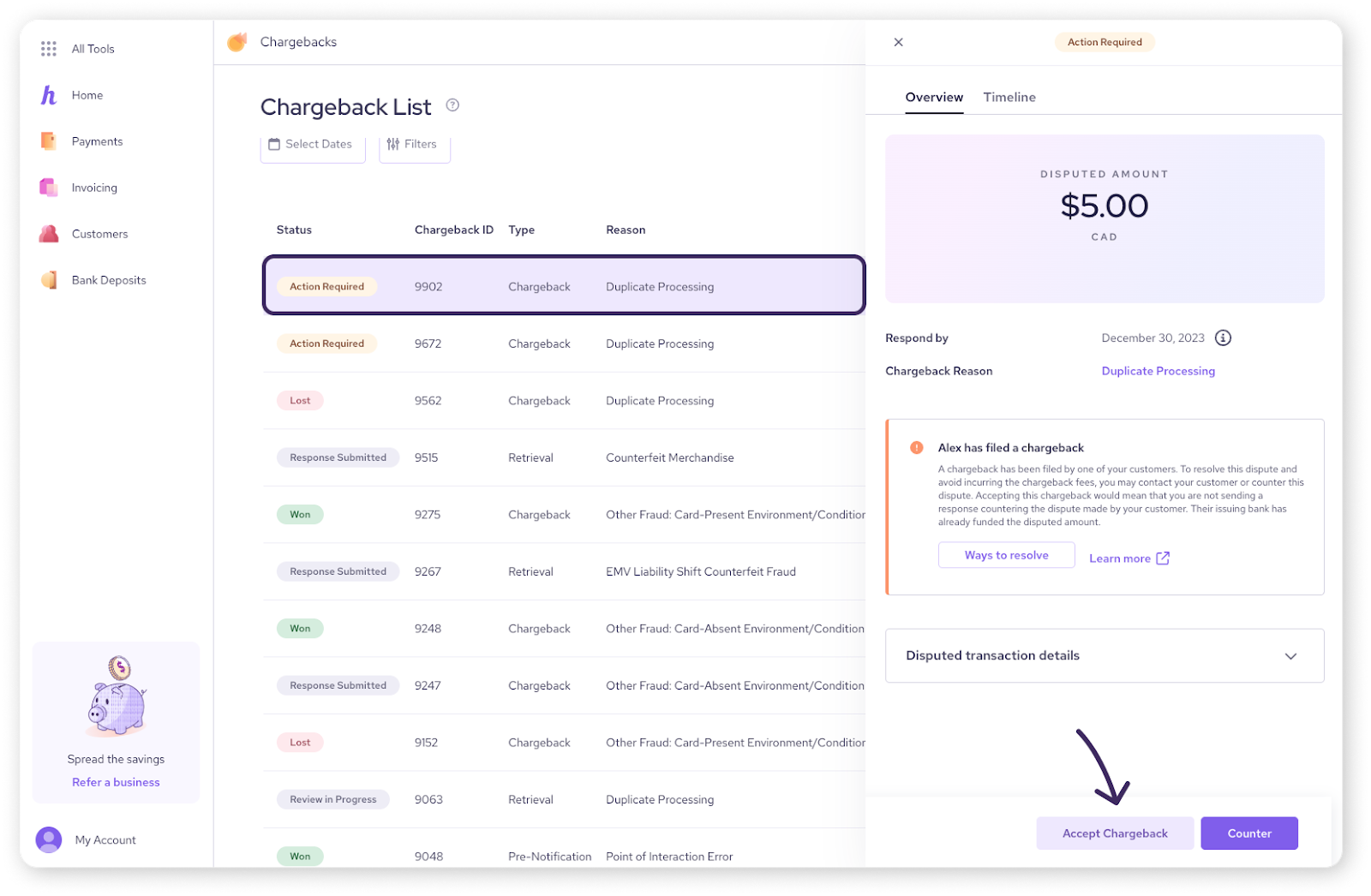 Chargeback management dashboard showing a list of cases with options to Accept Chargeback or Counter.