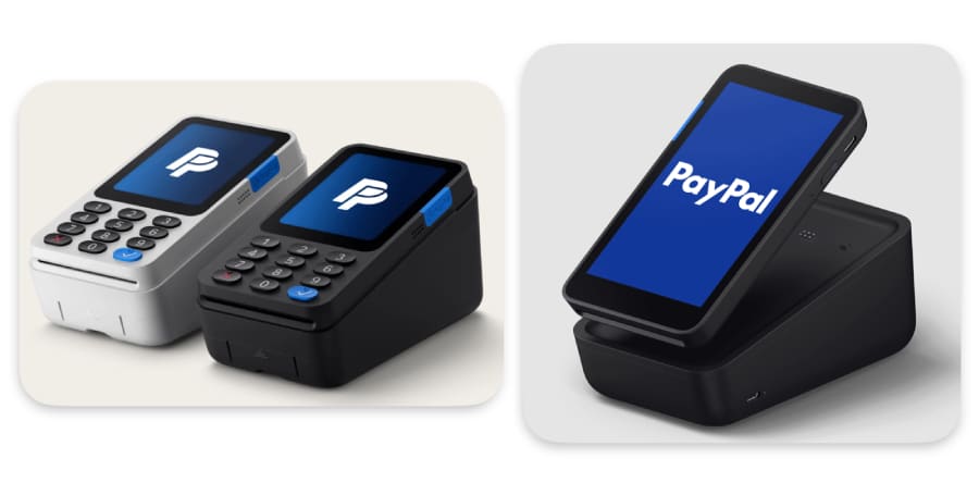 PayPal handheld card readers and touchscreen smart terminal on a charging dock.