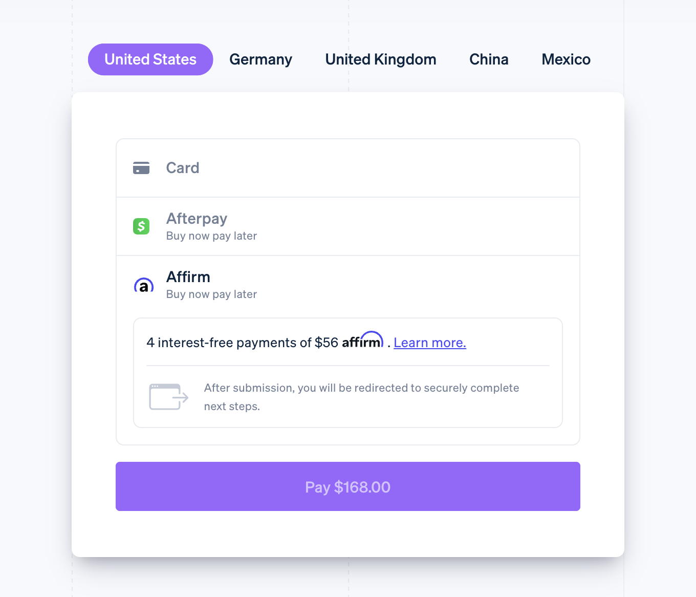 Checkout panel with Card, Afterpay, and Affirm options; United States selected; “Pay $168.00” button.