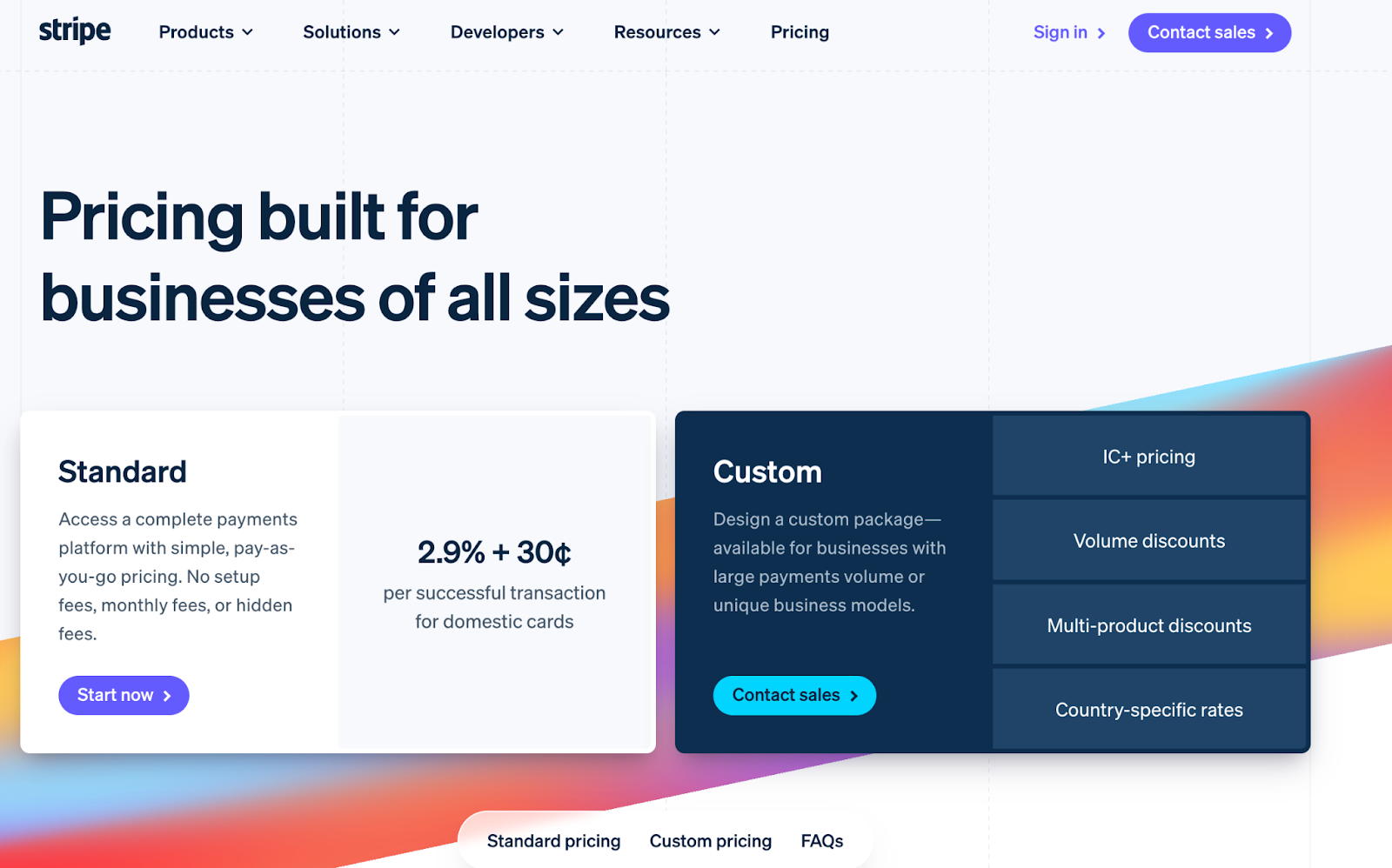Stripe pricing page showing standard and custom pricing tiles.