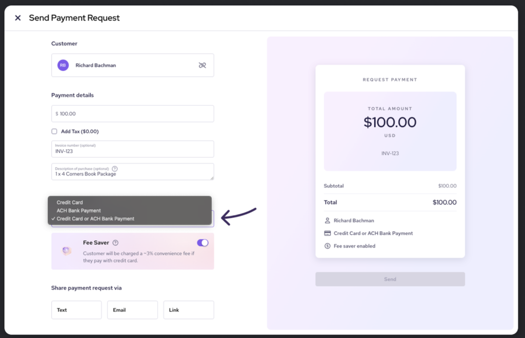 Payment request form showing $100 invoice, payment methods, and optional fee saver.