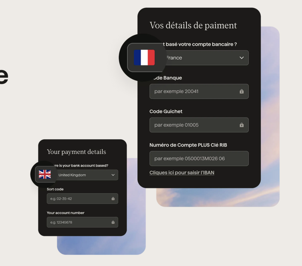 Bank account detail entry forms for France and United Kingdom, shown with respective country flags.