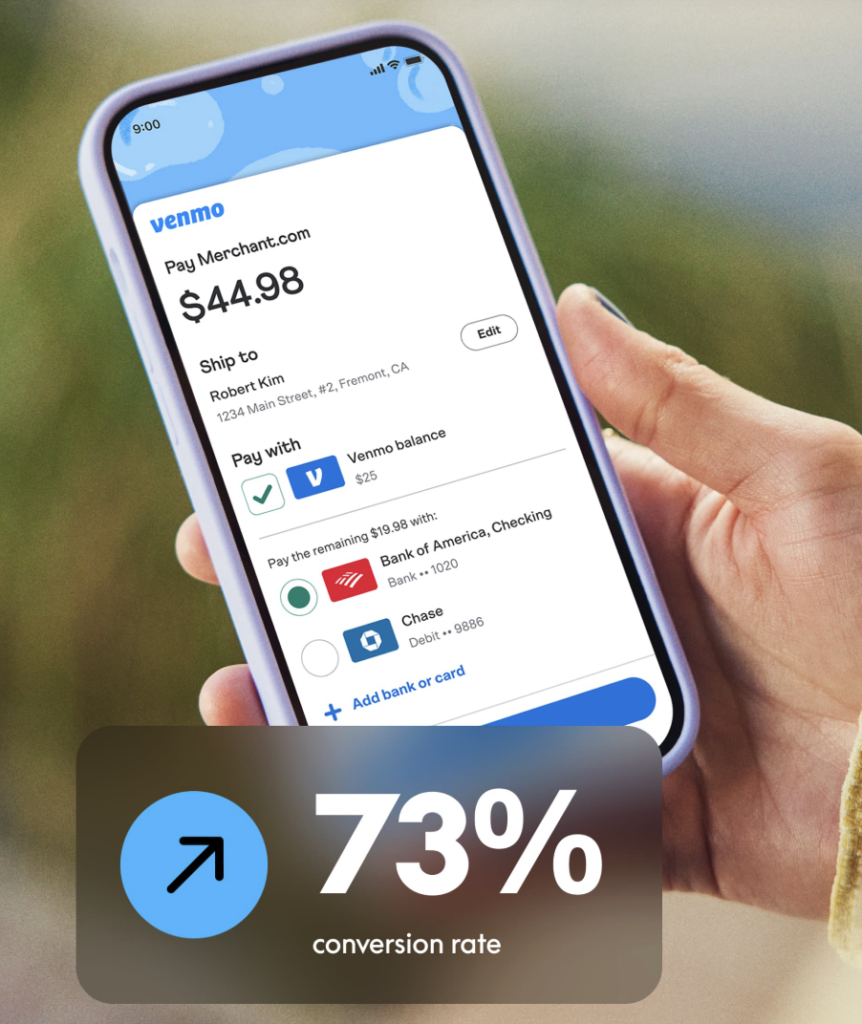 Smartphone screen showing Venmo checkout for $44.98, payment split between balance and bank accounts.