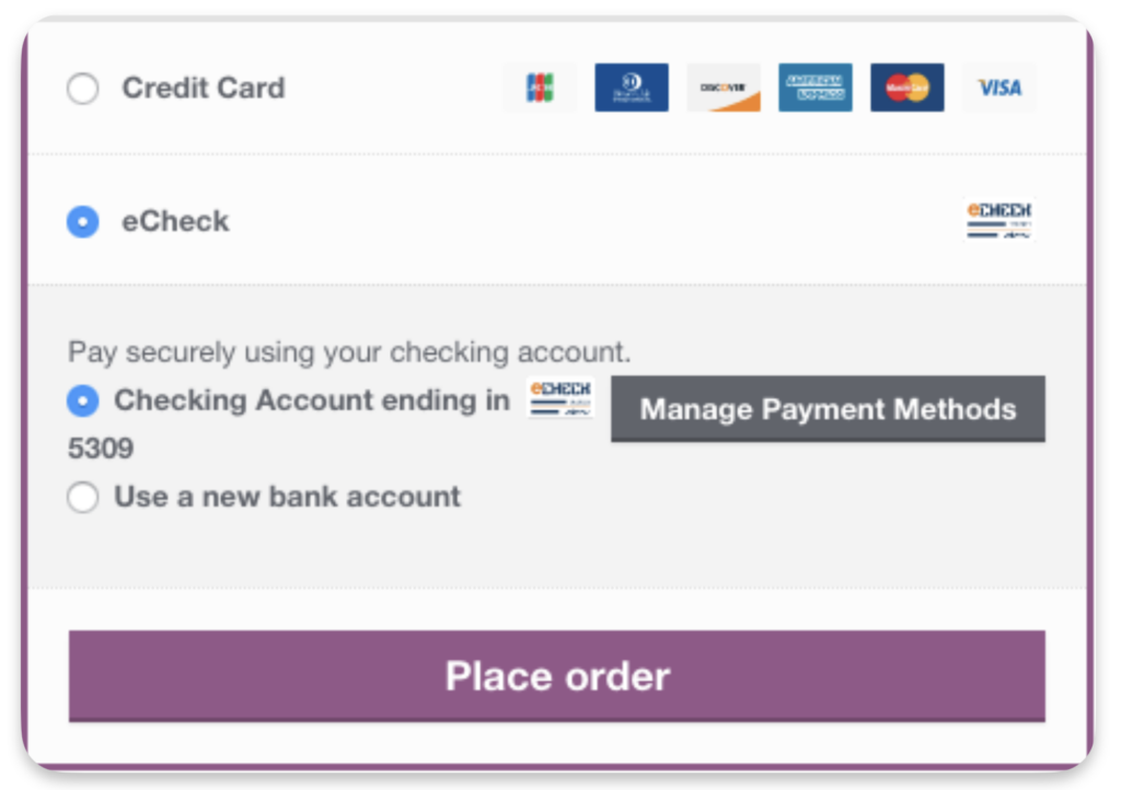 Checkout screen with selected eCheck payment option using saved checking account ending in 5309.