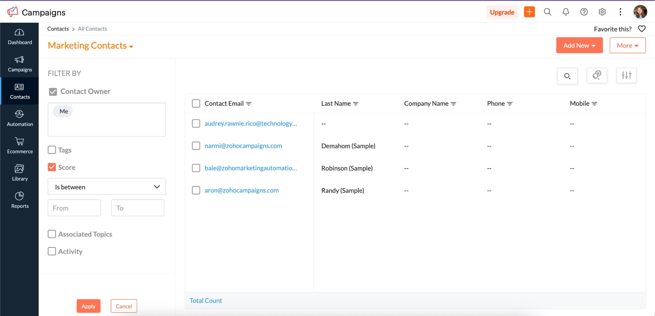 Zoho Campaigns' built-in CRM platform.