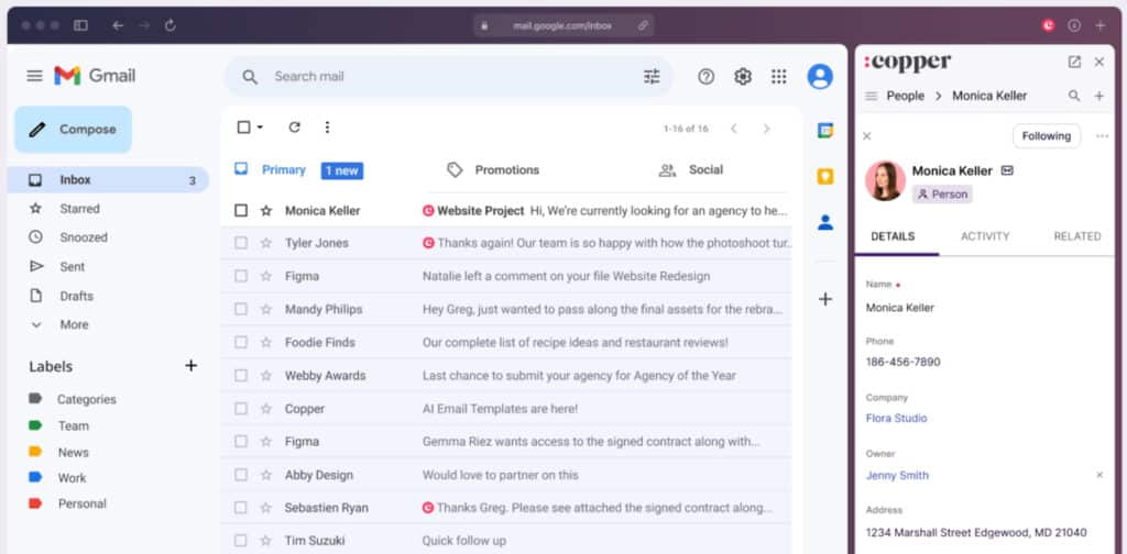 Copper CRM’s Chrome extension inside the Gmail inbox.