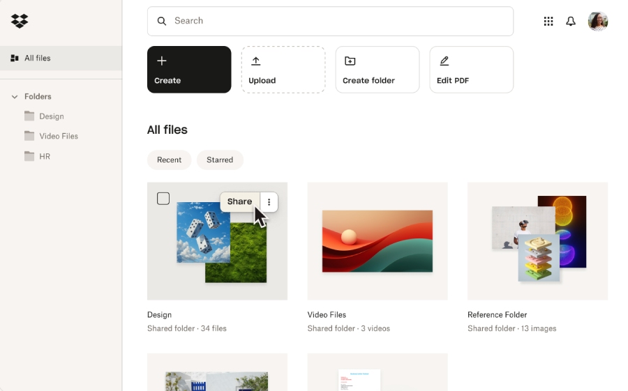Dropbox web dashboard showing file folders for design, video files, and HR, with a context menu open to share a file.