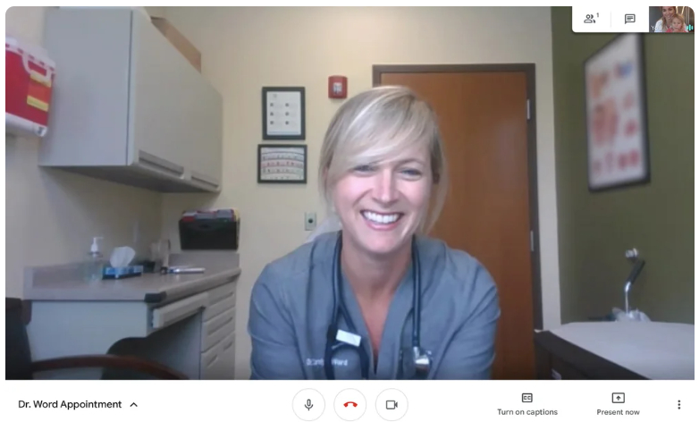 Google Meet video meeting with a clinician in their personalized meeting room.