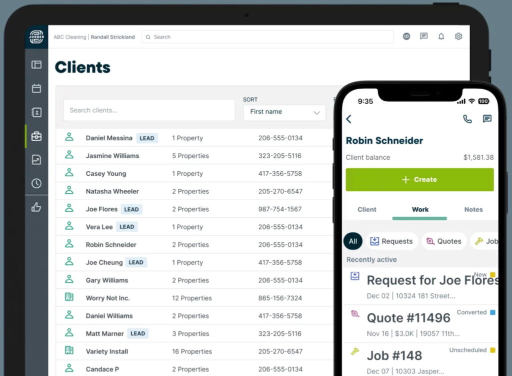 Jobber interface showing a client list and profile on different devices.