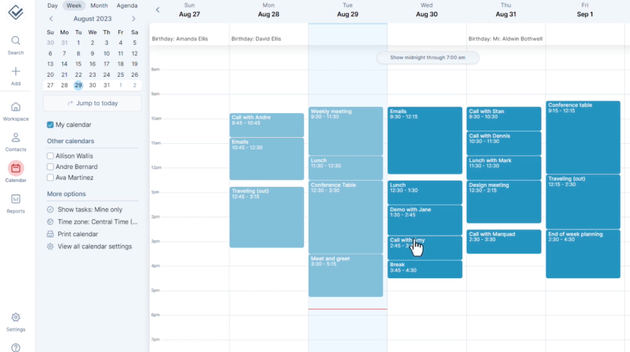 An example of Less Annoying CRM's calendar with events synced with Outlook calendar.