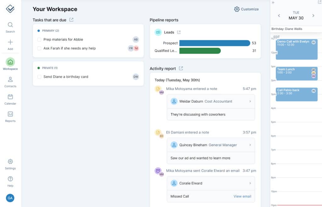 Less Annoying CRM’s workspace features an uncluttered dashboard showing tasks, reports, and the calendar at a glance.
