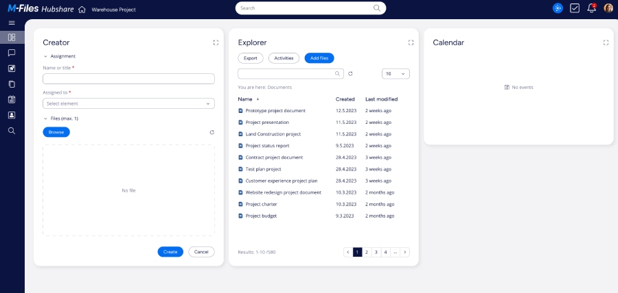 M-Files Hubshare interface with document explorer, file upload options, and a project calendar panel.