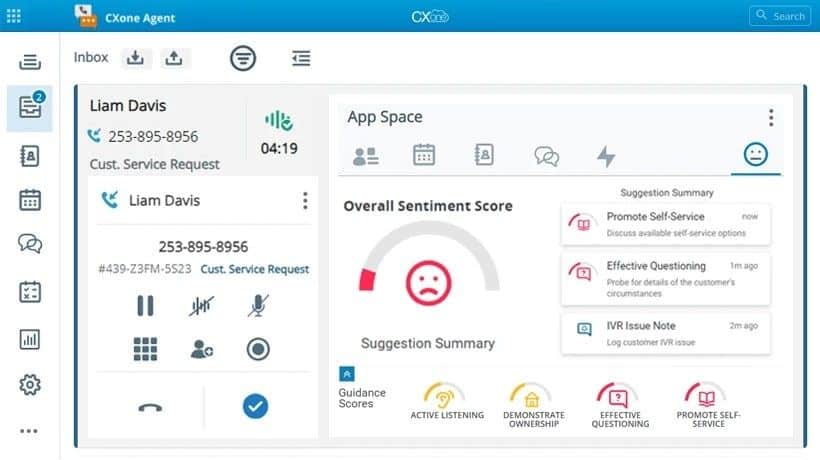 NICE CXone agent dashboard with customer service requests and sentiment scores.