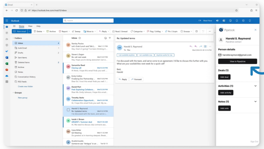 An Outlook inbox with a Pipedrive sidebar for access to CRM contacts, deals, and activities.
