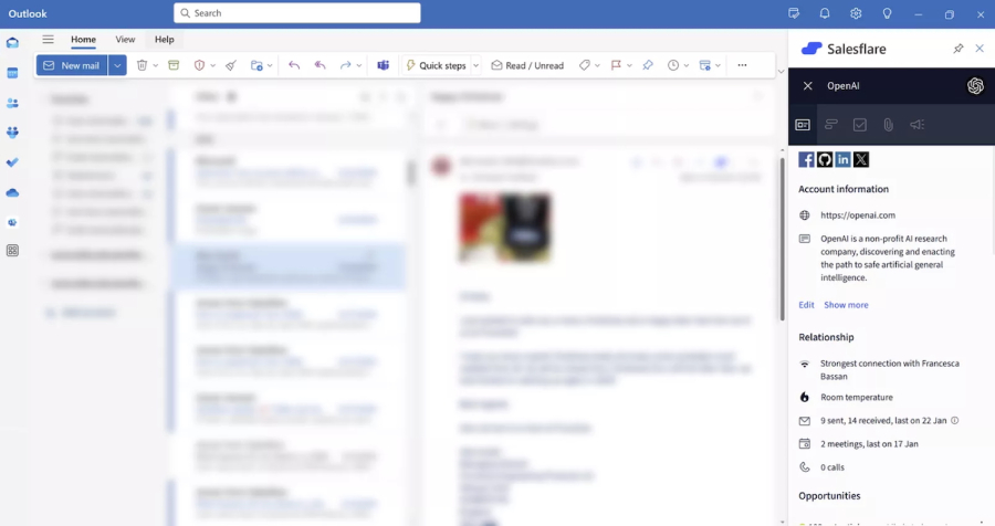 A Salesflare email sidebar within an Outlook email inbox showing basic account information and smart insights.