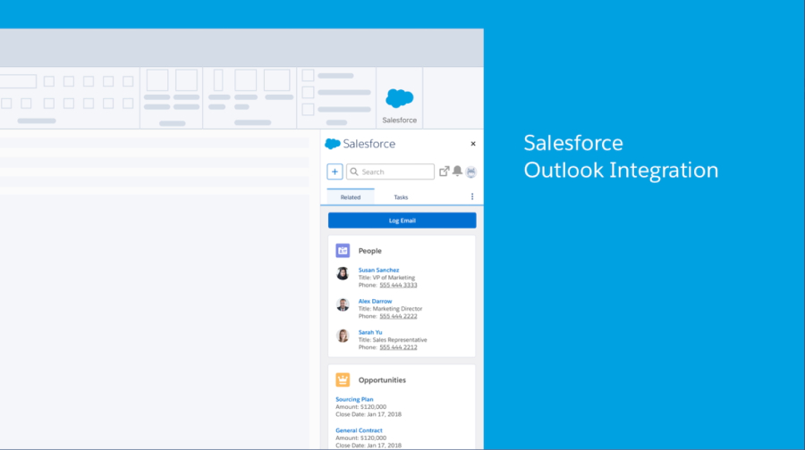 A mockup of the Salesforce for Outlook plugin showing CRM data within the email inbox.