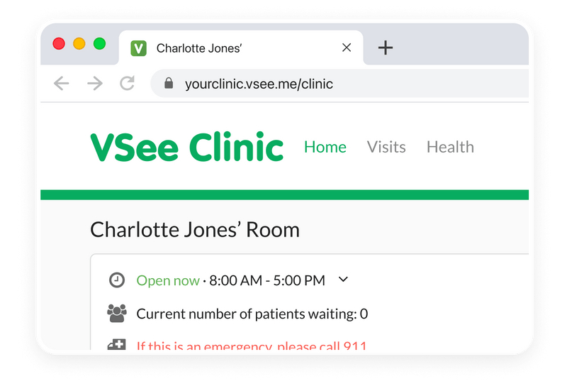 VSee clinic waiting room entrance with customized weblink and messaging.