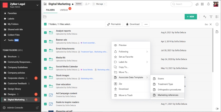 Zoho WorkDrive dashboard showing shared team folders, file management menu, and labeling options.