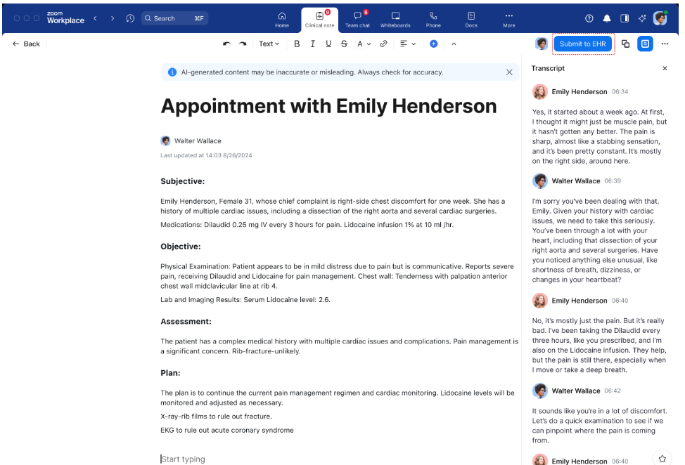 Zoom workplace app with AI-generated clinician notes and meeting transcripts.