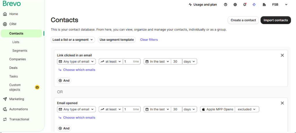 Brevo's audience segmentation features in its email builder.