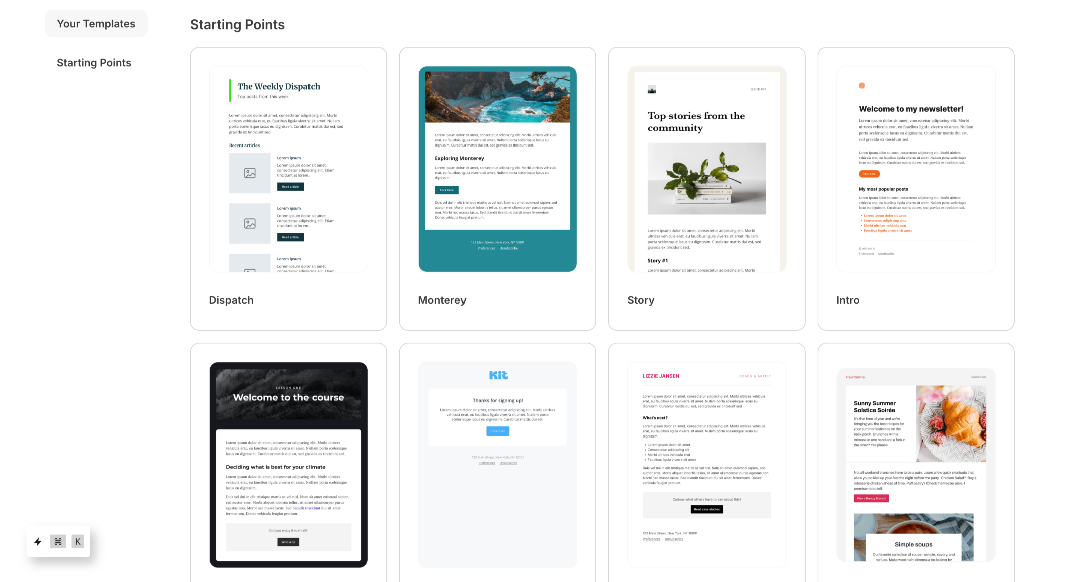 Various email newsletter templates on Kit.com.