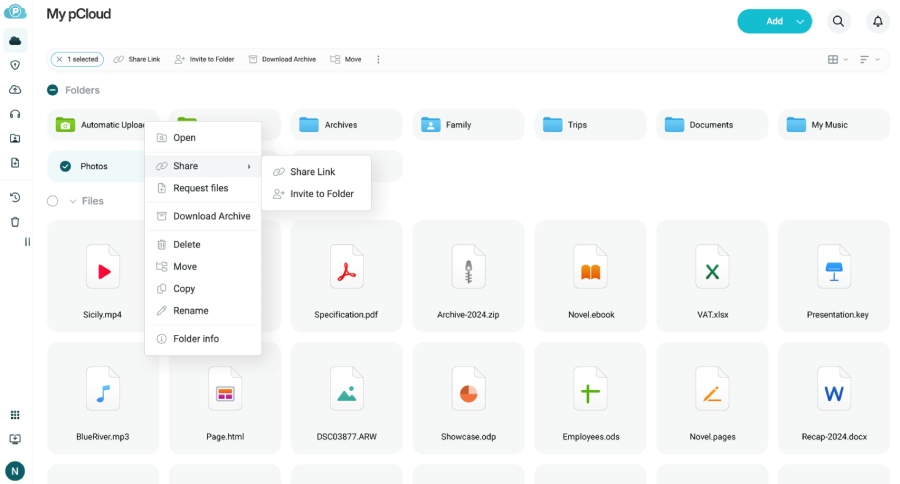 pCloud interface displaying folders and files with a context menu for sharing, moving, and downloading items.