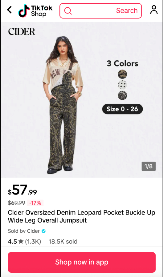 Model wearing Cider oversized denim leopard wide-leg overalls; sizes 0–26 with three color options.
