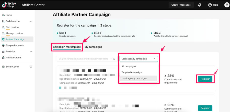 Affiliate Center — Partner Campaign marketplace view with filter set to Local agency campaigns and Register buttons for campaigns.