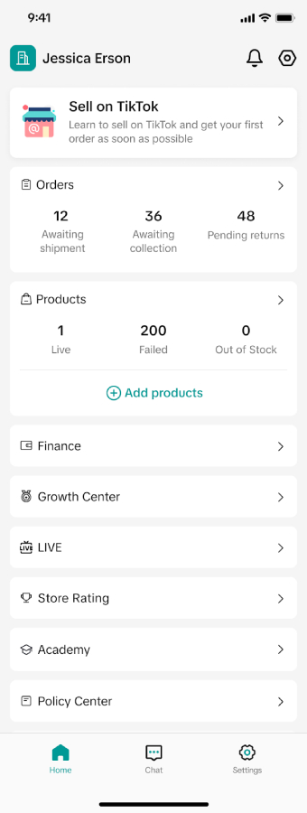 Seller Center mobile home dashboard showing Orders, Products (Add products), Finance, Growth Center, LIVE, Store Rating, Academy, and Policy Center.