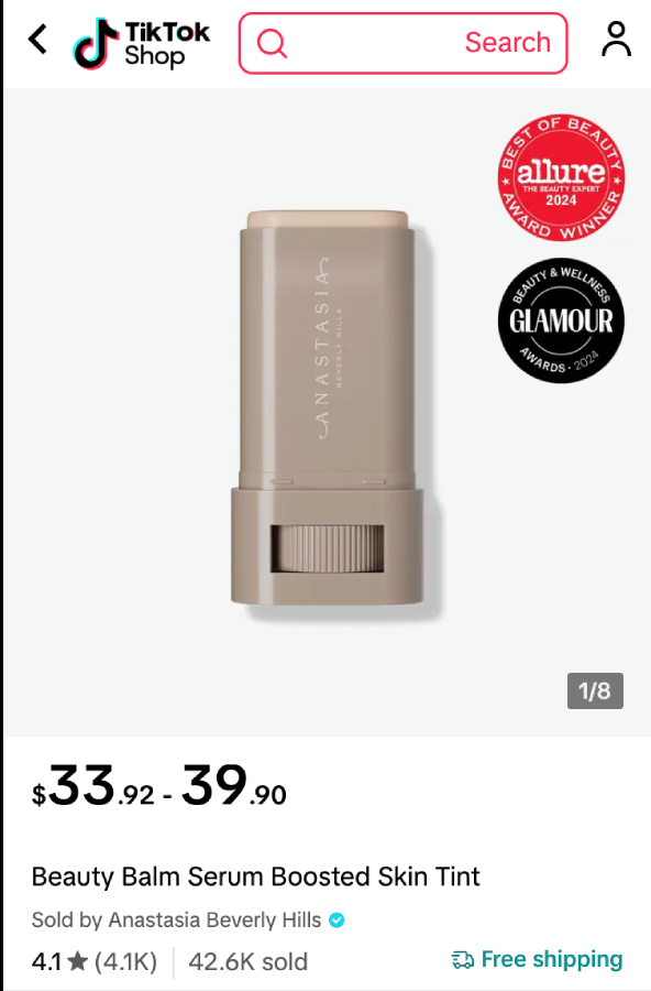 Anastasia Beverly Hills Beauty Balm Skin Tint stick with Allure and Glamour award badges on product page.