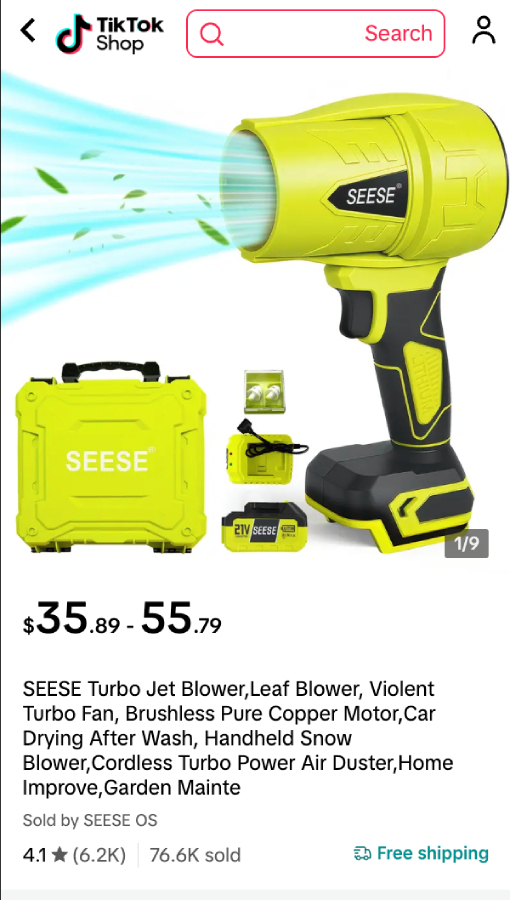 SEESE Turbo Jet Blower kit shown with case, battery, and nozzle on a TikTok Shop product page.