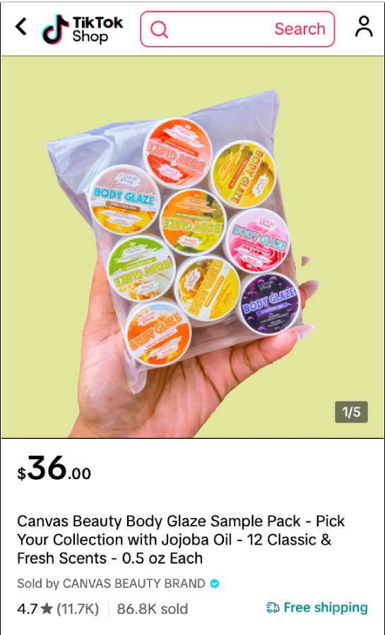 Hand holding Canvas Beauty Body Glaze sample pack with 12 mini jars on a TikTok Shop product page.