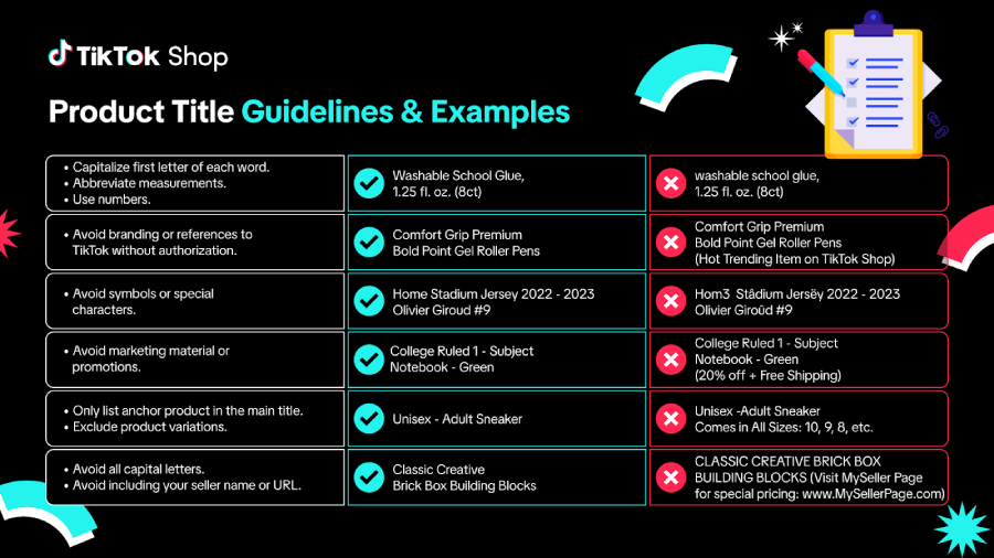 TikTok Shop slide showing Product Title Guidelines and Examples with do’s and don’ts for capitalization, numbers, avoiding promos, and no all caps.