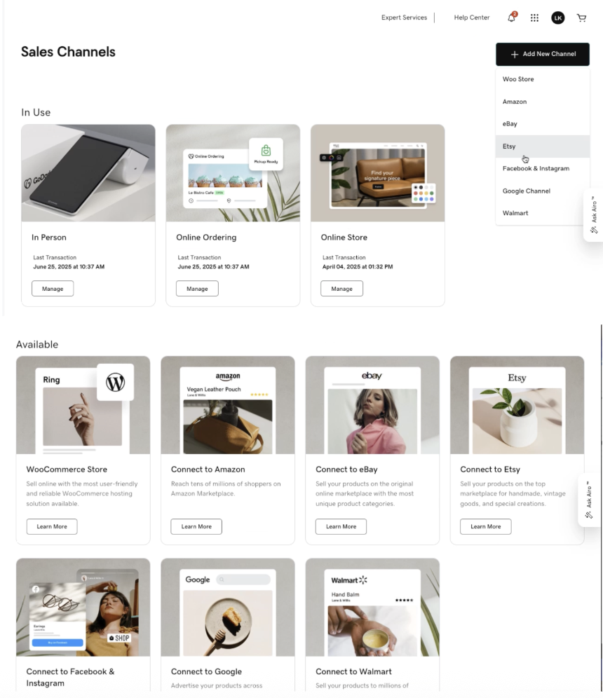 GoDaddy POS sales channels dashboard showing options for In Person, Online Ordering, Online Store, WooCommerce, Amazon, eBay, Etsy, Google, Facebook & Instagram, and Walmart.
