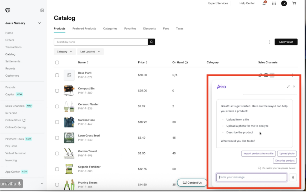 GoDaddy POS catalog page with GoDaddy Airo tool sidebar offering options to upload a photo, import a file, or describe the product.