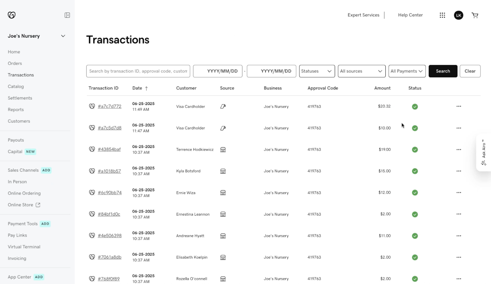 GoDaddy POS transactions list