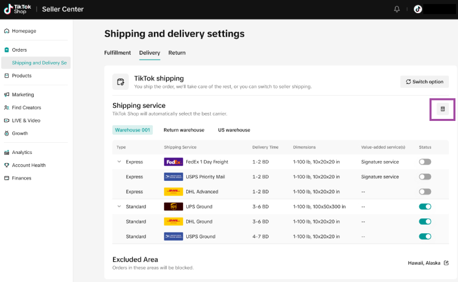 TikTok Shipping and Deliver Settings.