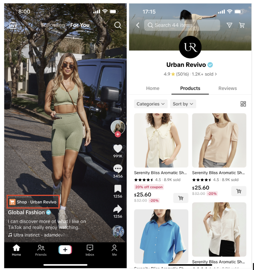 TikTok video with ‘Shop · Urban Revivo’ badge on the left; Urban Revivo Product Showcase grid with categories and items on the right.