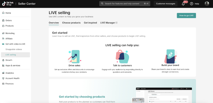 Seller Center — LIVE selling Overview page with guidance to drive sales, talk to customers, and build your brand, plus a How to go LIVE button.