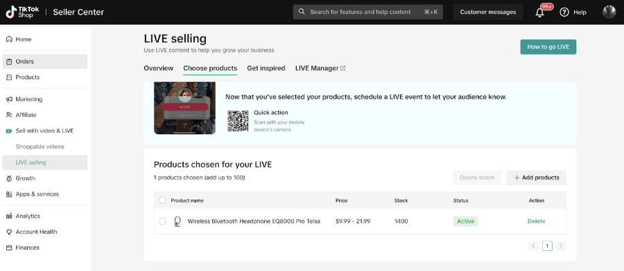 TikTok Shop Seller Center — LIVE selling ‘Choose products’ tab with one product selected and an Add products button.