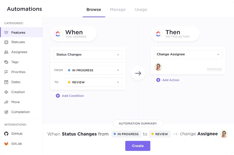 ClickUp automation design tools for customizing workflows.
